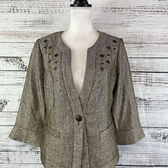 Coldwater Creek Blazer Jacket size 10 Brown Gold Tweed Career Professional - Picture 2 of 14